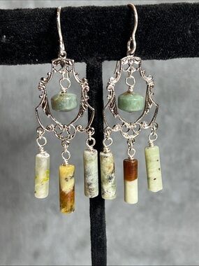 Artisan Sterling Silver and fancy jasper Vintage-style chandelier earrings